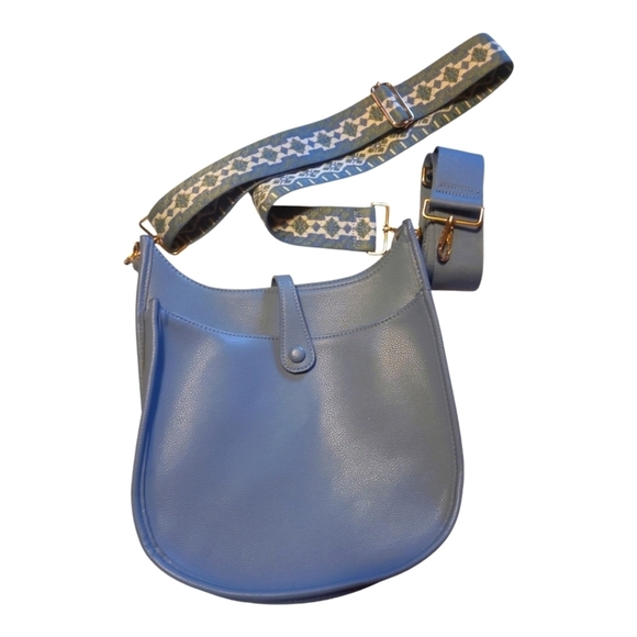 ah-dorned* Mini Messanger Bag* Vegan Leather* Denim Blue* Solid & Print Strap - Picture 2 of 7